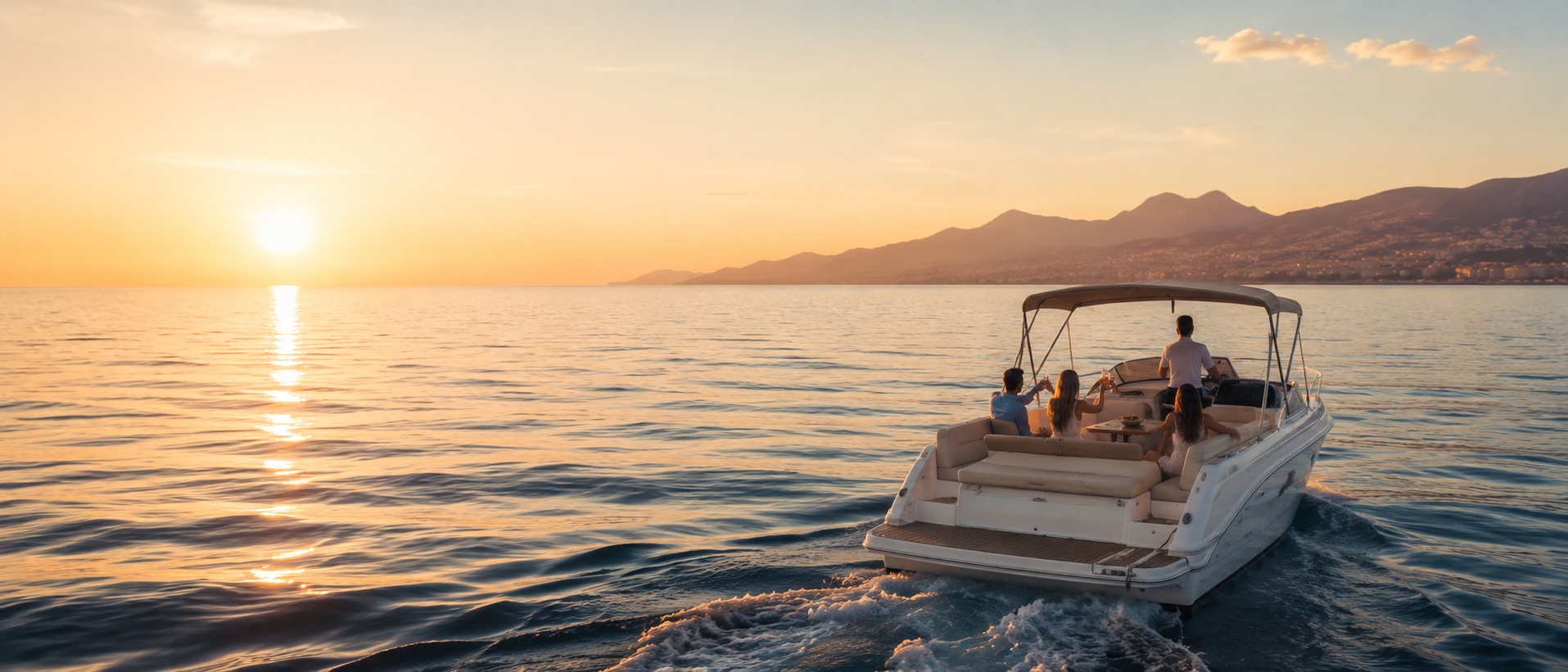 Clients trinquant à bord d'un bateau au coucher du soleil, skipper à la barre