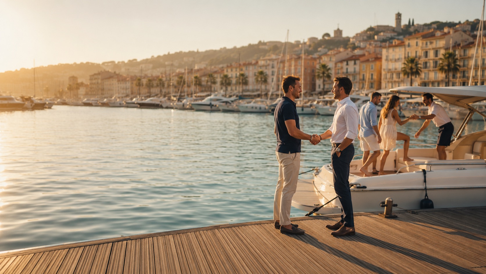 Deux professionnels du nautisme se serrent la main sur un ponton pendant que leurs clients embarquent, port de la Côte d'Azur au soleil couchant